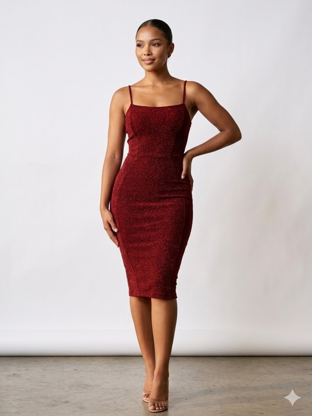 😍Haley & June Women's Red Metallic Midi Dress Size Large Like New Bodycom